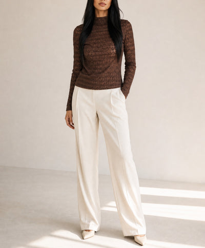 Chicory Coffee Sheer Textured Lace Stand Neck Long Sleeve Top