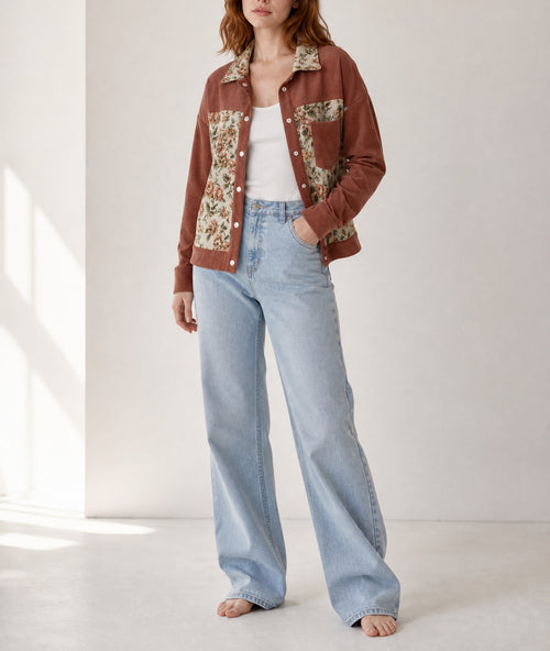 Clay Ribbed Retro Floral Patchwork Shirt Style Jacket