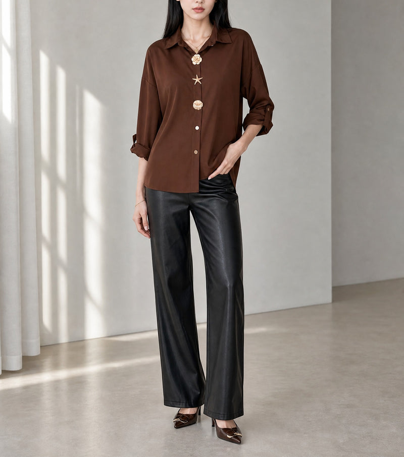 Coffee Multi Button Decoration Tab Long Sleeve Casual Shirt