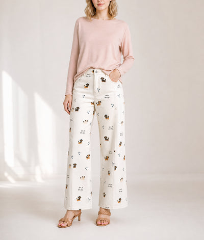 White Abstract Dog Print Wide Leg Full-Length Jeans
