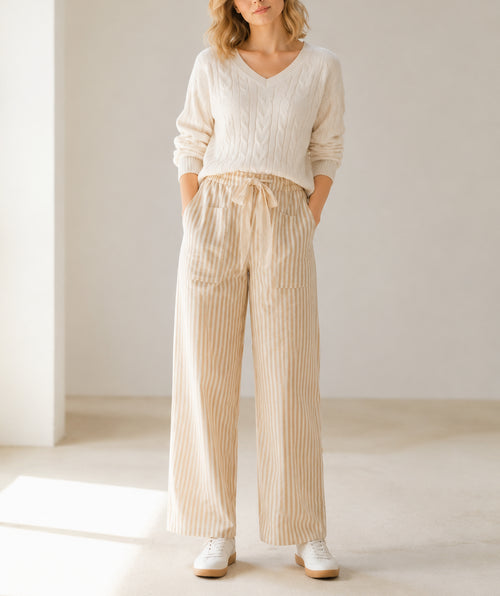 Apricot Stripe Ribbon Drawstring Waist Full-Length Shift Pant