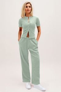 Casual Short Sleeve Button Slim Top & Wide Leg Trousers Co-ord - Sage