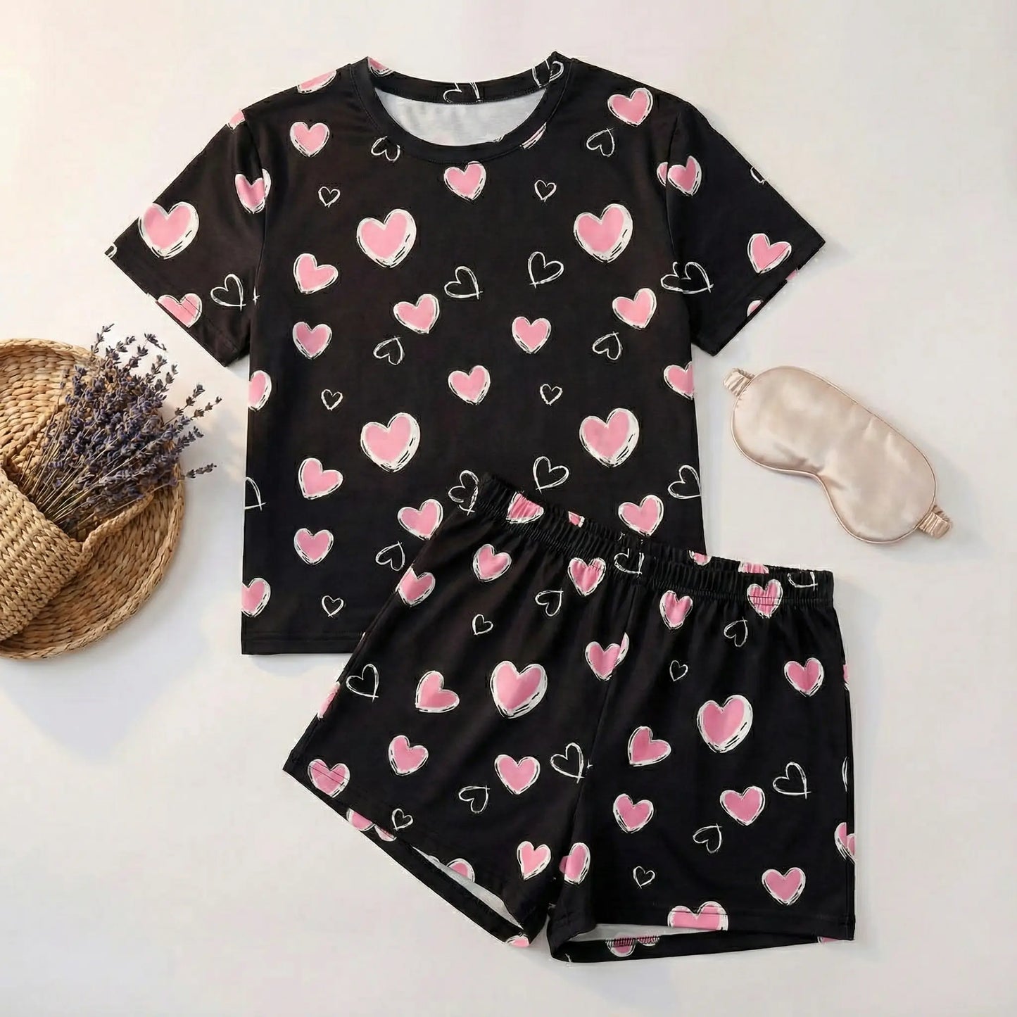 HUOHULI Purple Bow Heart Print Pajama Set - Main
