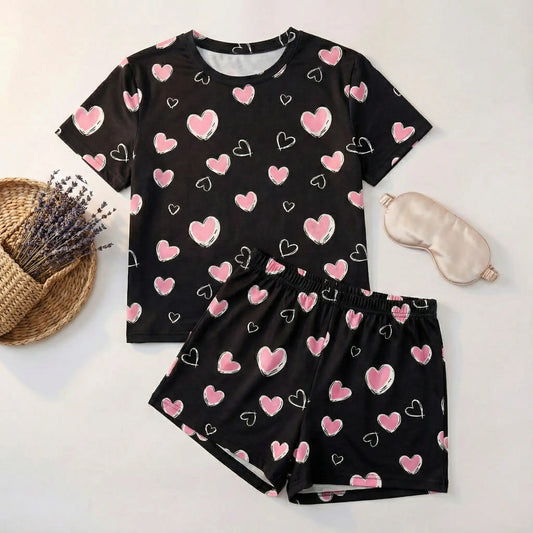 HUOHULI Purple Bow Heart Print Pajama Set - Main