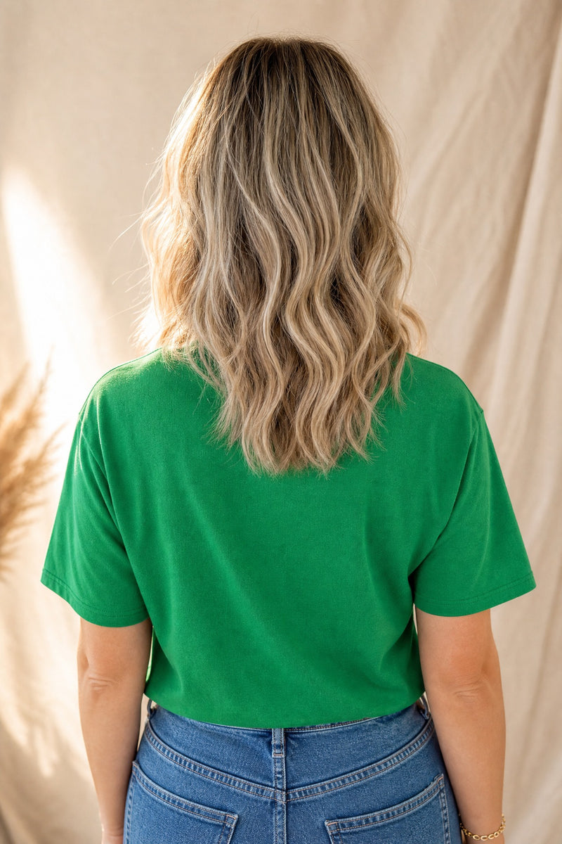 Bright Green Ceramic Rhinestone Lucky Clover Graphic Tee