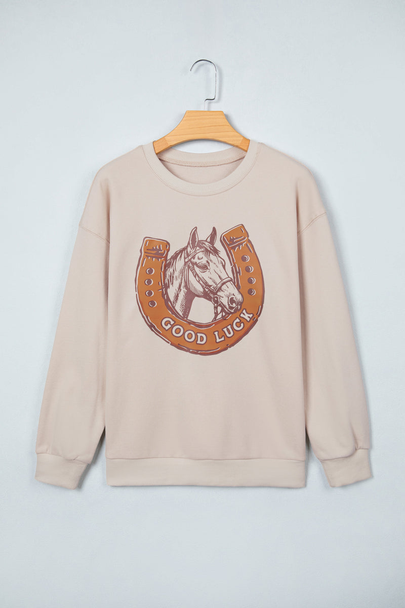 Beige GOOD LUCK Western Horse Print Oversized Pullover Sweatshirt