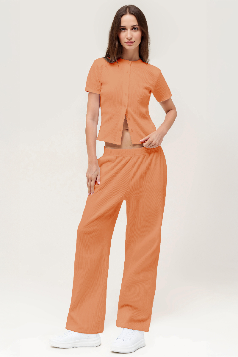 Casual Short Sleeve Button Slim Top & Wide Leg Trousers Co-ord - Orange
