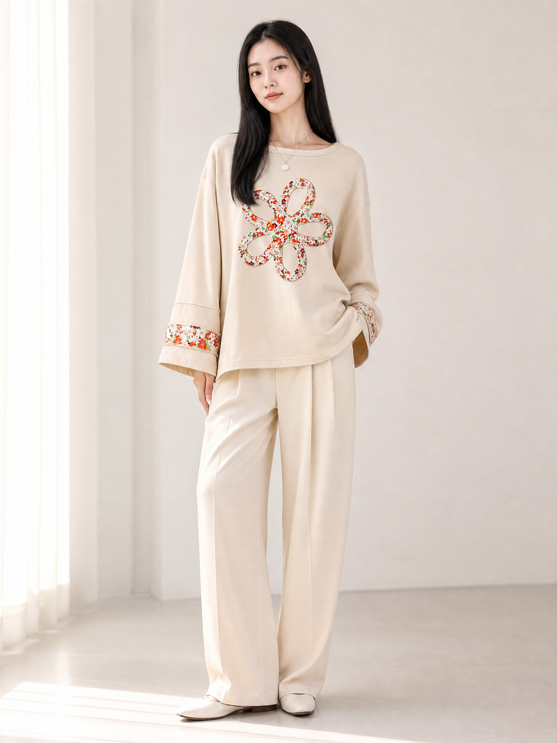 Grapefruit Orange Flower Patch Graphic Exposed Seam Wide Sleeve Top