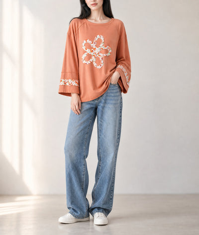 Grapefruit Orange Flower Patch Graphic Exposed Seam Wide Sleeve Top