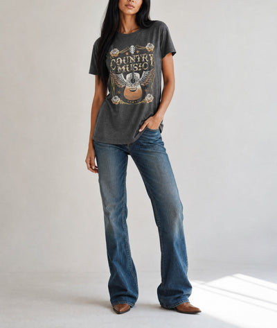 Gray COUNTRY MUSIC Guitar Graphic Print Crew Neck T Shirt