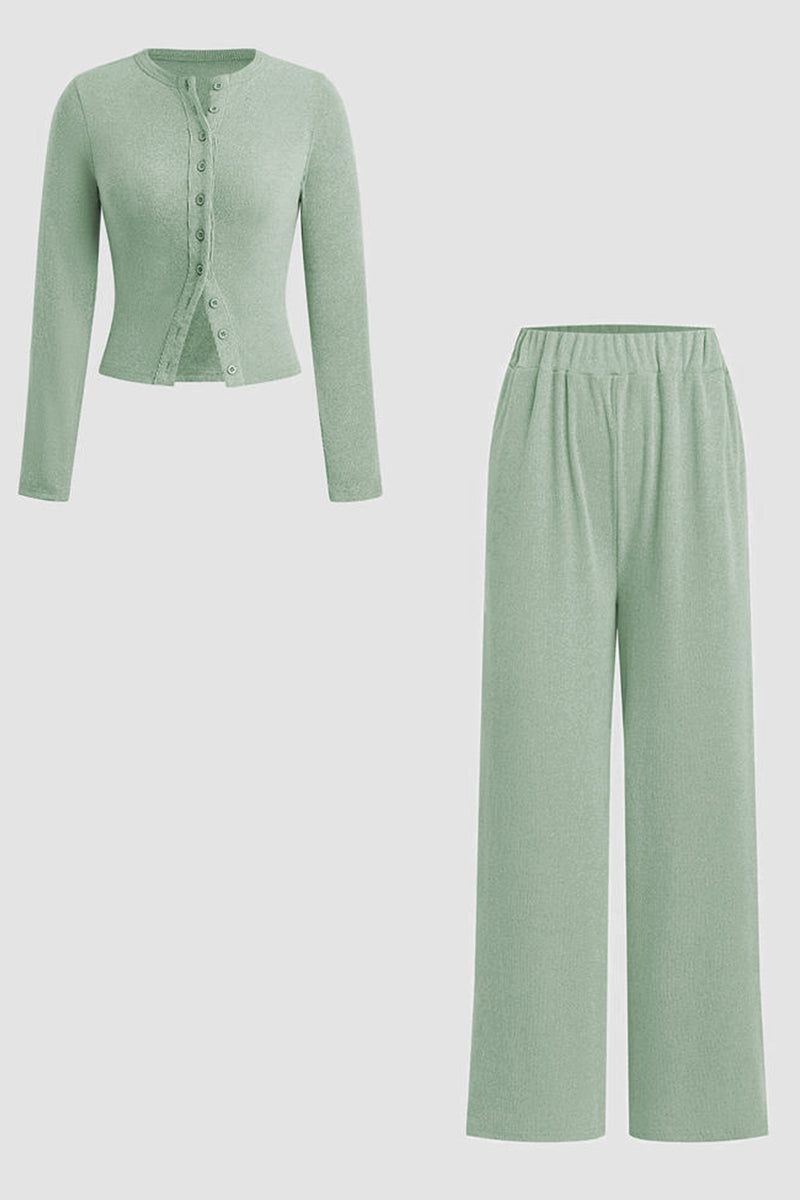 Minimalist Solid Button-Up Top & Wide-Leg Trousers Co-ord - Sage