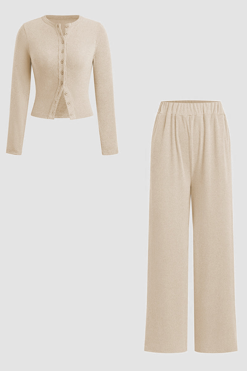 Minimalist Solid Button-Up Top & Wide-Leg Trousers Co-ord - Beige