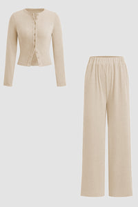 Minimalist Solid Button-Up Top & Wide-Leg Trousers Co-ord - Beige