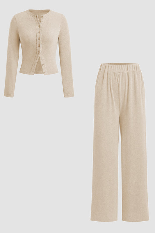 Minimalist Solid Button-Up Top & Wide-Leg Trousers Co-ord - Beige