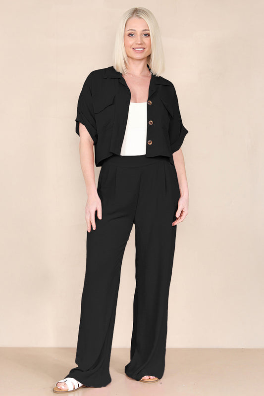 Women's Versatile Short Sleeve Button Crop Top & Wide Leg Trousers Co-ord - Black