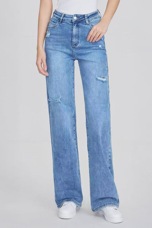 Street High Waist Multi-Pocket Ripped Wide Leg Jeans - DENIMBLUE