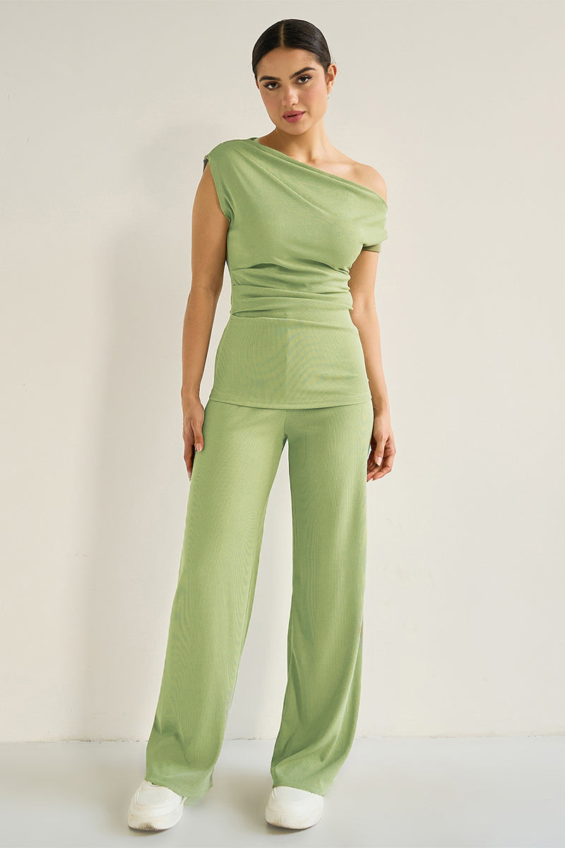 Leisure Solid Sloping-Shoulder Slim Top & Wide-Leg Trousers Co-ord - Sage
