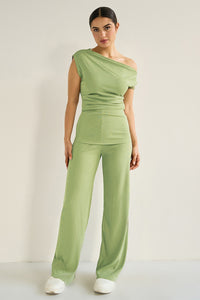 Leisure Solid Sloping-Shoulder Slim Top & Wide-Leg Trousers Co-ord - Sage