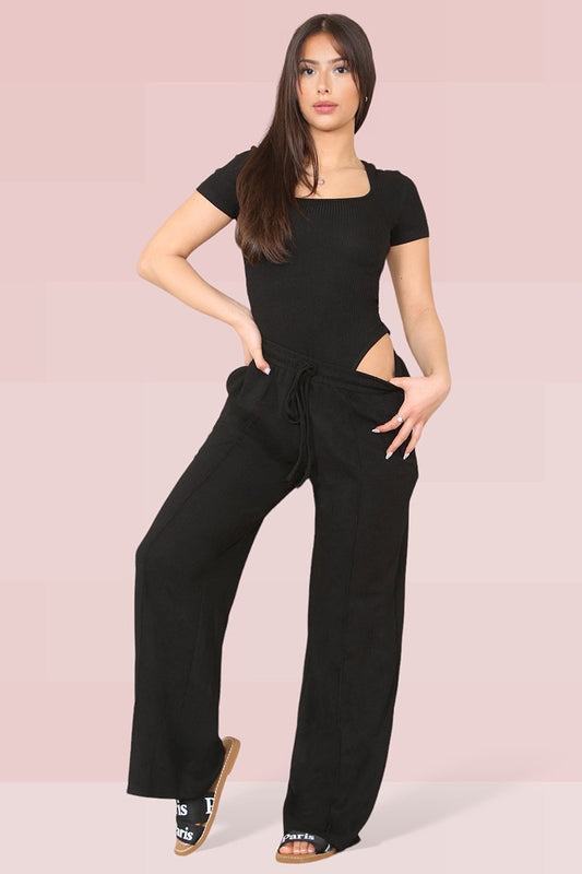 Trendy Square Neck Shaping Bodysuit & Wide Leg Trousers Co-ord - Black