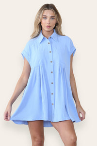 Leisure Collared Short Sleeve Button-Up Ruched Shirtdress - Blue
