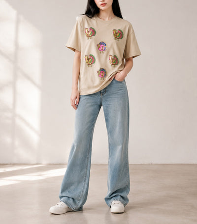 Khaki Sequin Turkey Patched Thanksgiving Graphic Tee