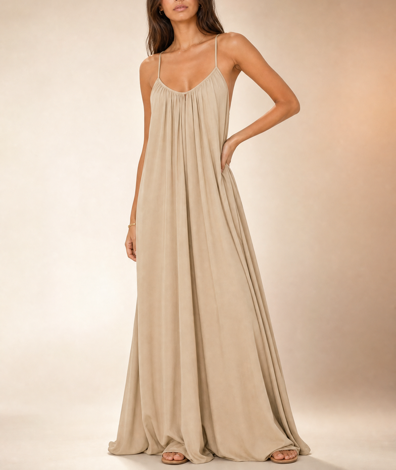 Women's Ice-Silk Pleated Backless Slip Maxi Dress