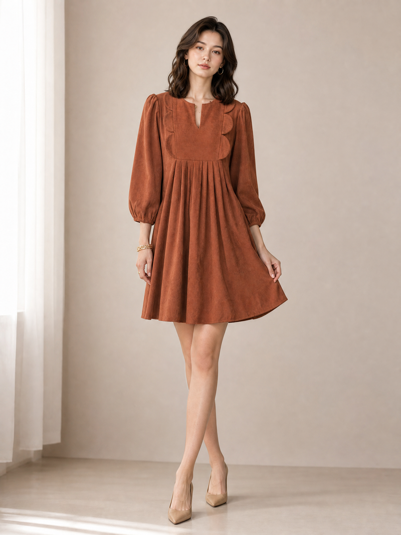 Moss Green Bracelet Sleeve Split Neck Scallop Detail Pleated Corduroy Mini Dress