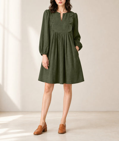 Moss Green Bracelet Sleeve Split Neck Scallop Detail Pleated Corduroy Mini Dress