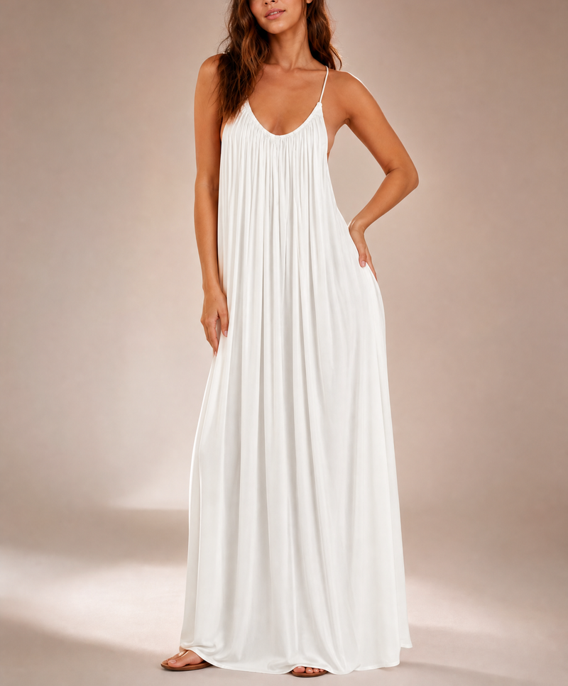 Women's Ice-Silk Pleated Backless Slip Maxi Dress