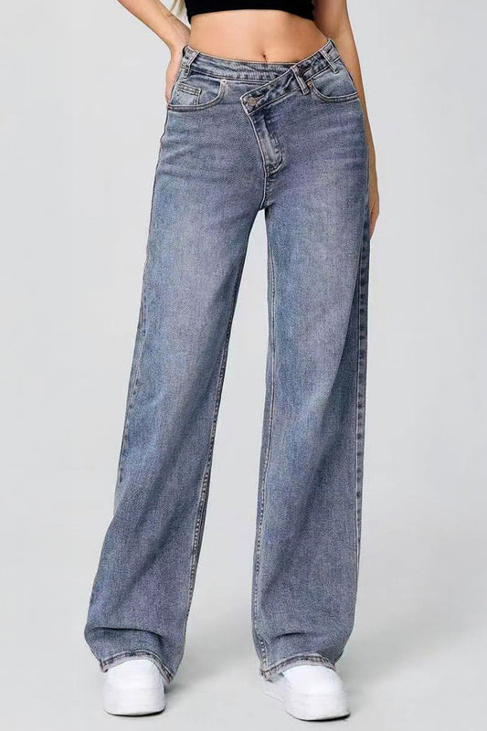 Asymmetrical High-Waist Multi-Pocket Wide-Leg Jeans, Street Style - Denim Blue
