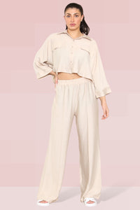 Versatile Long Sleeve Button Crop Shirt & Loose Trousers Co-ord - Beige