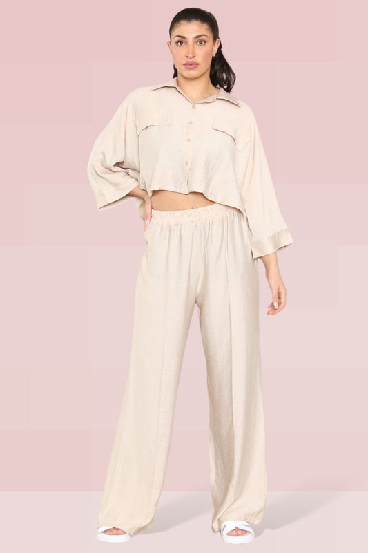 Versatile Long Sleeve Button Crop Shirt & Loose Trousers Co-ord - Beige