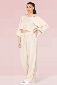 Versatile Long Sleeve Button Crop Shirt & Loose Trousers Co-ord - Beige 2