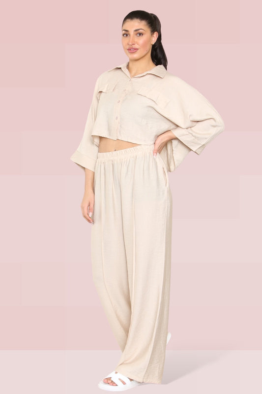 Versatile Long Sleeve Button Crop Shirt & Loose Trousers Co-ord - Beige 2