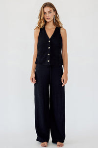 Leisure V-Neck Button Tank Top & Low-Rise Wide Leg Trousers Co-ord - BLACK