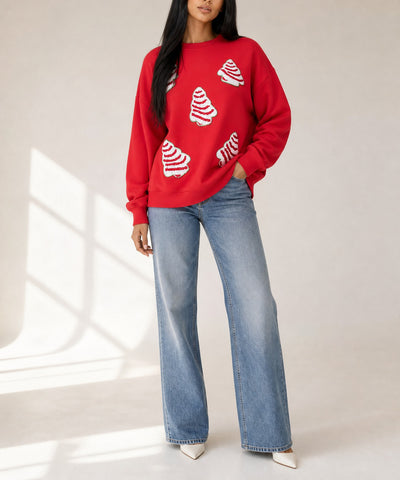 Red Playful Christmas Tree Patched Dropped Shoulder Sweatshirt