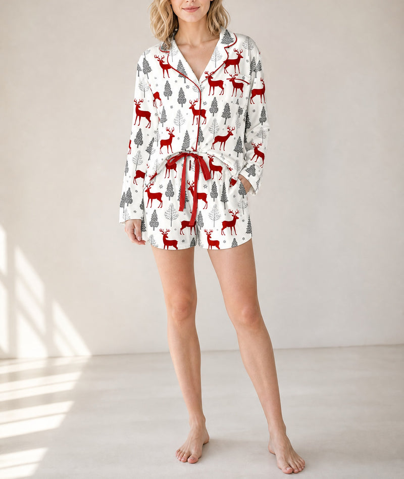 White Christmas Fashion Print Velvet Trim Bow Knot Pajama 2pcs Short Set