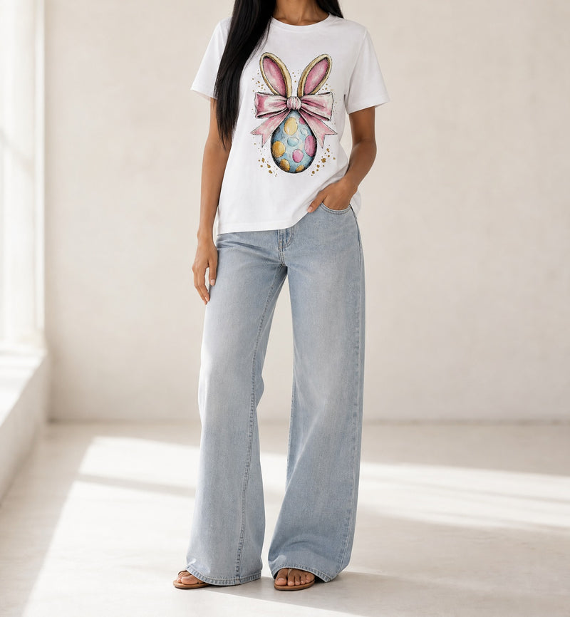 White Easter Egg Bow Bunny Ear Printed T Shirt