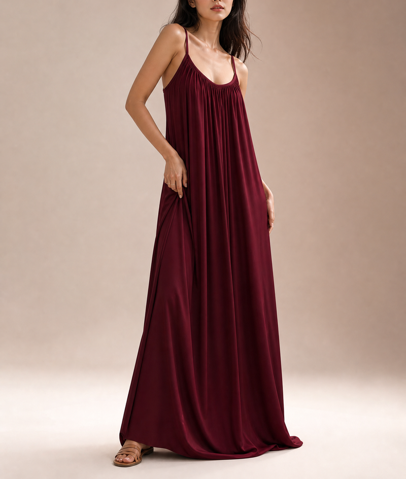 Women's Ice-Silk Pleated Backless Slip Maxi Dress
